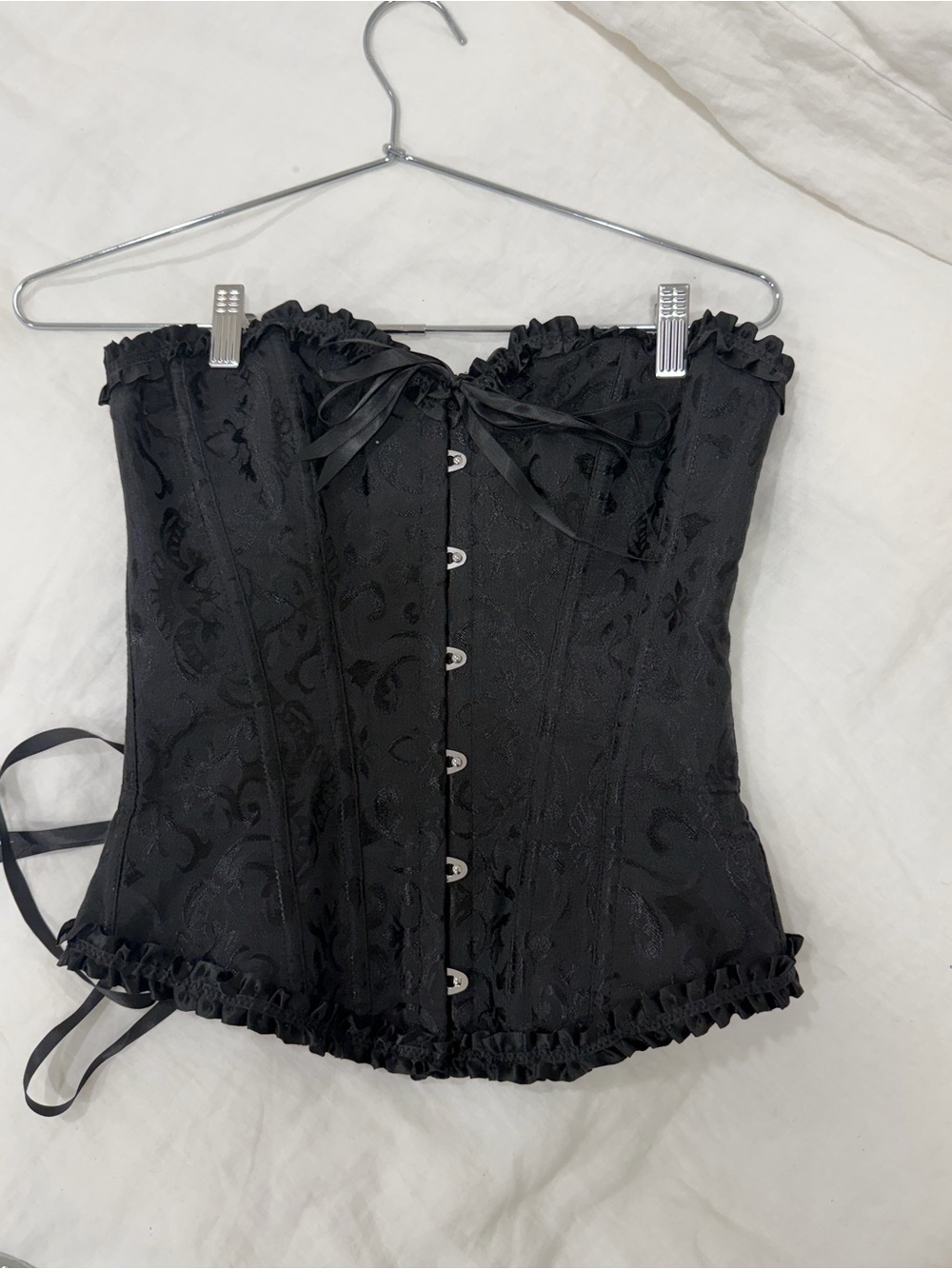 Strapless Black Lace Bandeau Corset Top with Ribbon Tie